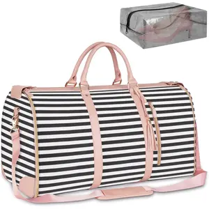 2 in 1 Carry On Garment Bag, Large Hanging Duffle Bag for Women, PU Leather Waterproof Bags Travel with Shoe Pouch - Suitcase Suit Bags, Black and White Stripe