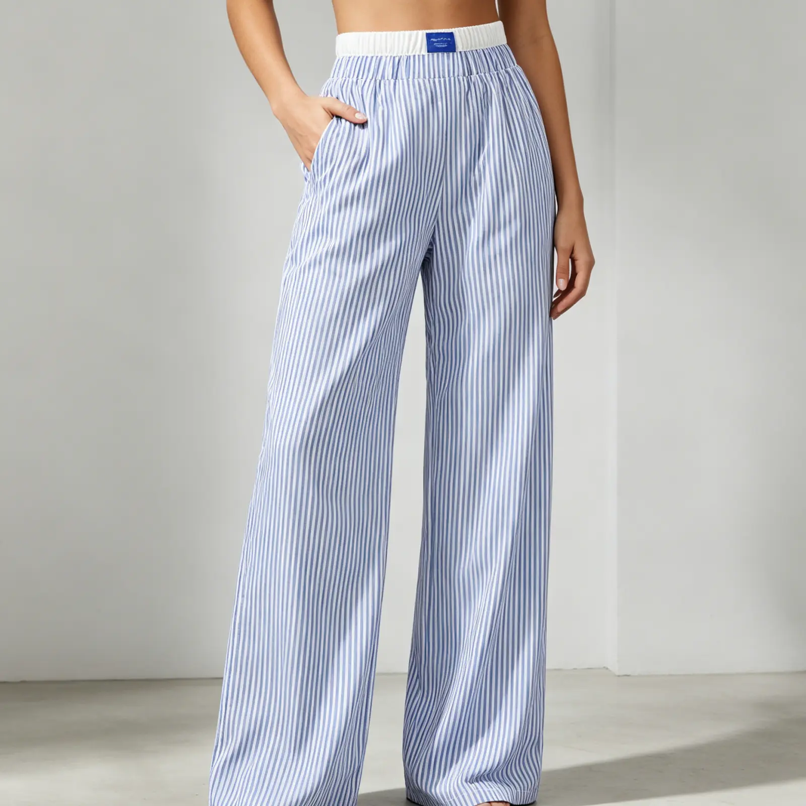 Women's Fashion Stripe Trousers Elastic High Waist Letter Sign Wide Leg Pants with Pockets Streetwear Casual Fit Trousers Bottom