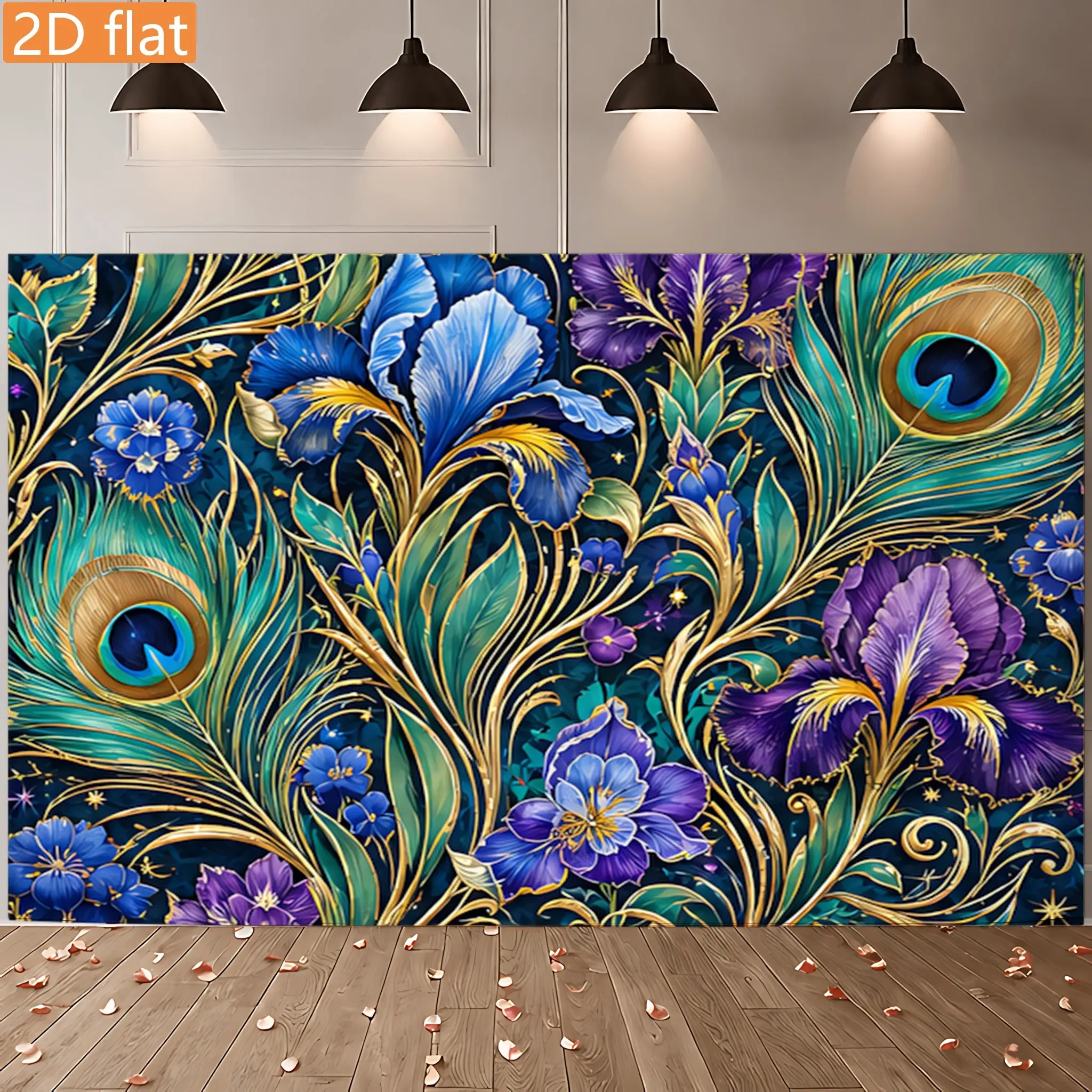 2D Flat, 2D Flat 1pc Banner Blue and Purple Peacock Feather Floral Wall Tapestry, with Golden Flowing Leaves, Dark Blue Background, Peacock Eye Patterns, Blue and Purple Flowers& Fine Vines, Creating a Luxurious Vintage Artistic Decor Look