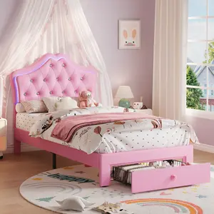 Twin Upholstered LED Bed Frame, Velvet Crystal Button Headboard, Princess Platform Bed with Storage Drawer, Noise-Free, No Box Spring or Foundation Required