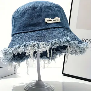 Men's and women's blue distressed denim bucket hat with ruffles and frills - lightweight wash texture, structured non-stretch cut, suitable for casual and formal wear, beach, everyday, Independence Day - vintage blue denim style hat