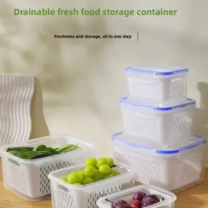 Double-layer Draining Basket & Storage Box for Home Use Large-capacity Kitchen Storage Refrigerator Freezer Sealing Box Set of 6