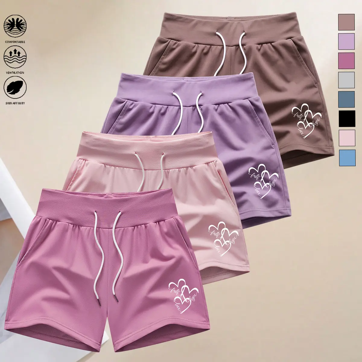 Pack of 4: women’s casual shorts featuring adjustable drawstring and elastic waistband; comfortable, soft fabric—ideal for beach vacations, gym workouts, and home wear. Summer shorts, women's shorts.