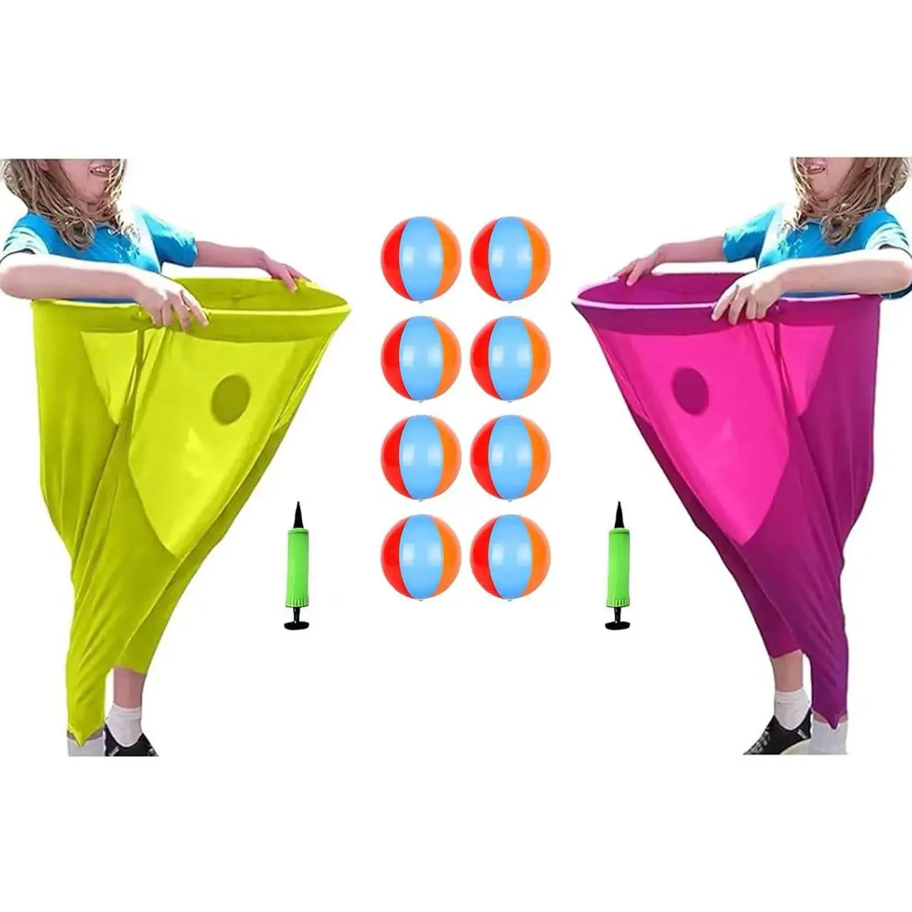 24 PCS Granny Pants Yard Game Set, Extra-Large Blue, Pink, Yellow, And Green Pants, Comes With 16 Bouncy Balls., 4 Pumps, Outdoor Tossing Games for Adults Family Birthday Backyard Party Team-Building Gatherings