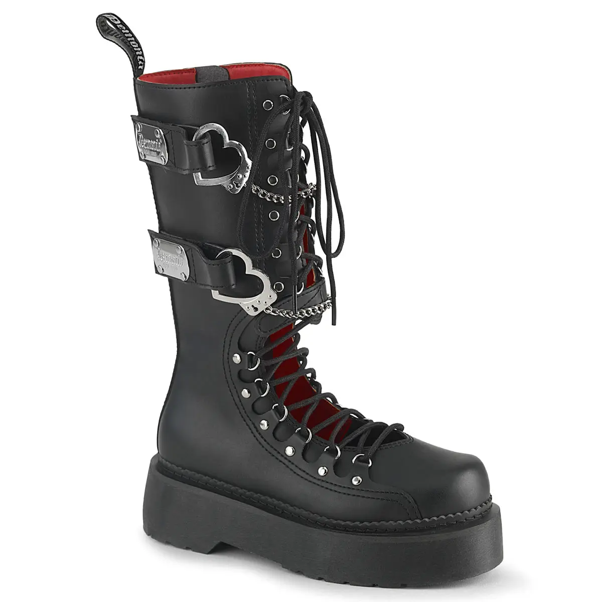 Demonia Rebel-100 Stacked Platform D-Ring Open Lace-Up Combat Knee-High Boots Demonia Rebel-100 Stacked Platform D-Ring Open Lace-Up Combat Knee-High Boots