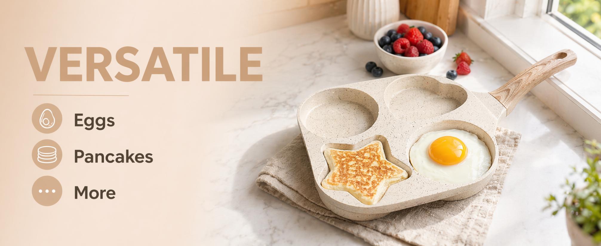 4 Holes Granite Non-stick Egg Frying Pan,   Quick   Breakfast   cooking  Skillet with Anti-scald Wooden Handle, Easy Clean Medical Stone Omelet Cookware, Durable roasting Small Kitchen Gadget for Eggs Pancakes Bacon