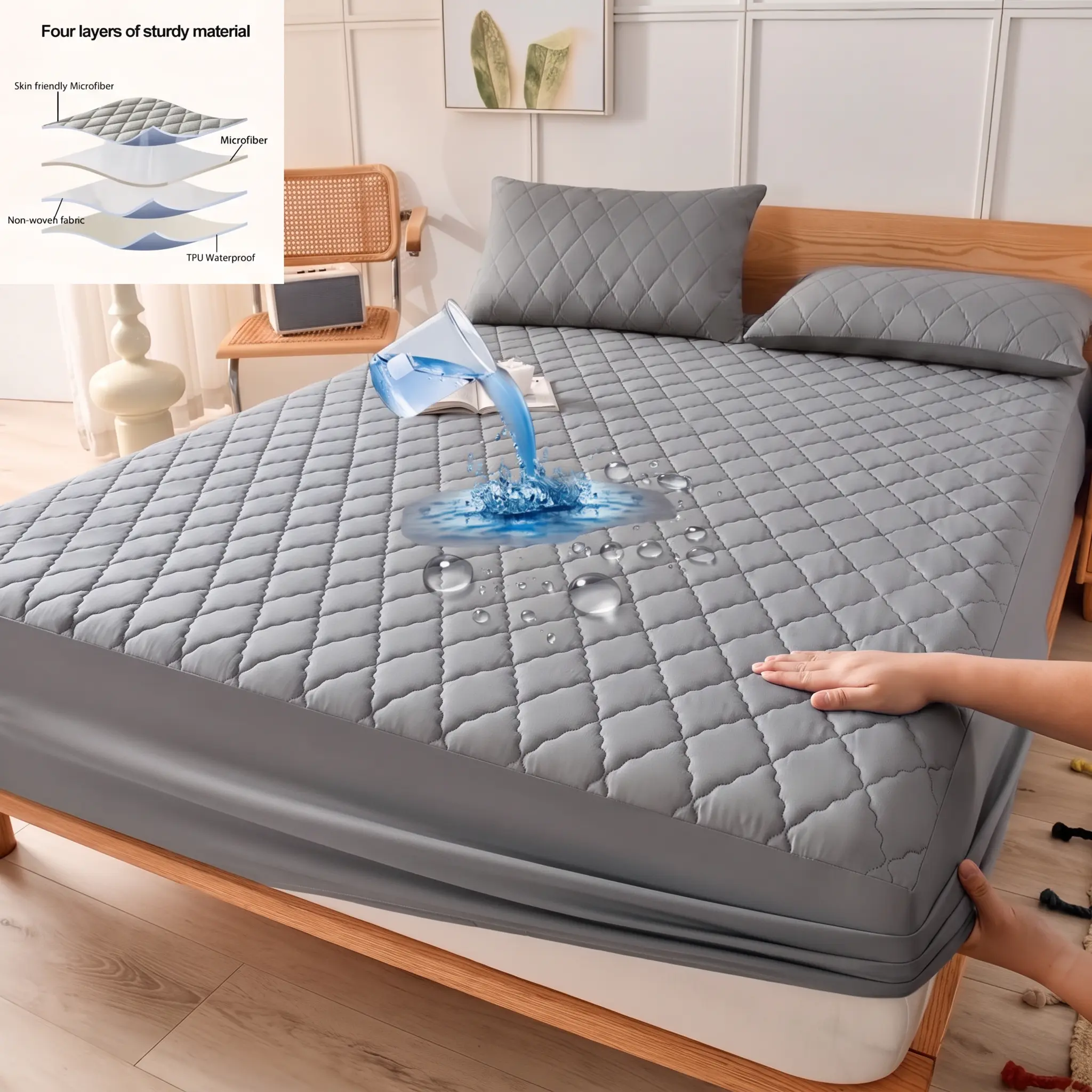 Waterproof mattress protector cover (including pillowcase) —— mold-proof and stain-resistant, soft and breathable, machine washable, 16-inch deep pockets, —— suitable for home, dormitory and hotel —— Twin/Full/Queen/King, bedding set