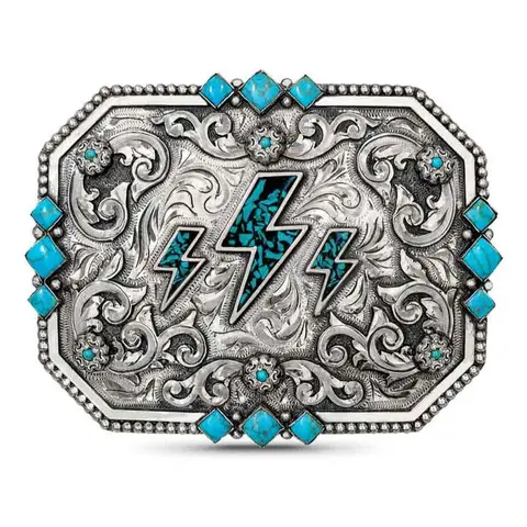 Turquoise Lightning Bolt Belt Buckle  - Hand Engraved German Silver Fashionable Buckle Decorated Western Belts Accessory for Wild West Style