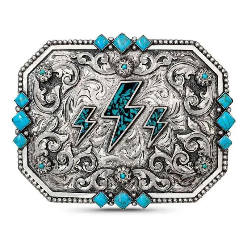 Turquoise Lightning Bolt Belt Buckle  - Hand Engraved German Silver Fashionable Buckle Decorated Western Belts Accessory for Wild West Style