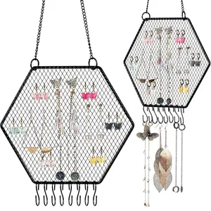 2 Pcs Earring Wall Holder Wall Mounted Earring Organizer Hanging Jewelry Stand Decorative Diamond Grid Shape Display Rack with Hooks for Necklace Bracelet