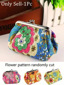 Vintage Floral Pattern Wallet, Random Cut Flower Design, Elegant Fashion Women's Card Holder Wallet Kiss Lock Storage Bag, Holds Lipstick and Keys, Vintage Style Wallet