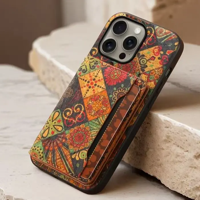 3 Card slots wooden wallet case for iPhone 16, 15, 14,13,12Pro Max Plus-shockproof, Bohemian style, foldable, magnetic stand cardholder with fashion flower pattern design-premium quality,durable cover Protection Cash