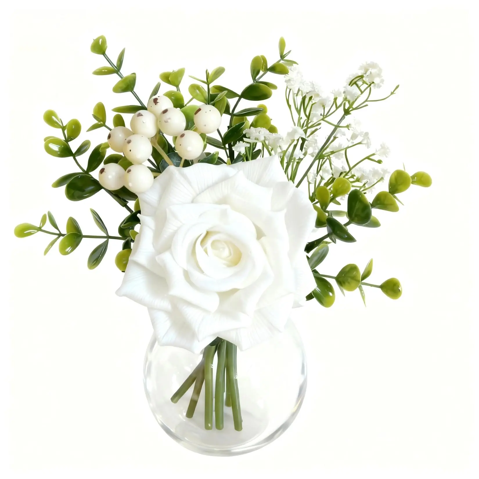 6 pcs artificial flowers in vase, lifelike fake roses, eucalyptus leaves, and baby’s breath; faux flower arrangements for DIY wedding bouquets, white bridal shower centerpieces, party kitchen table decorations