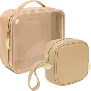 LETGO Travel Toiletry Bag for Women - Clear Large & Mini Makeup Bag Set - PU Leather, Waterproof, TSA Compliant, Compact, Portable, Gift Idea zipper toiletry storage bag Transparent Zippered Storage Bags