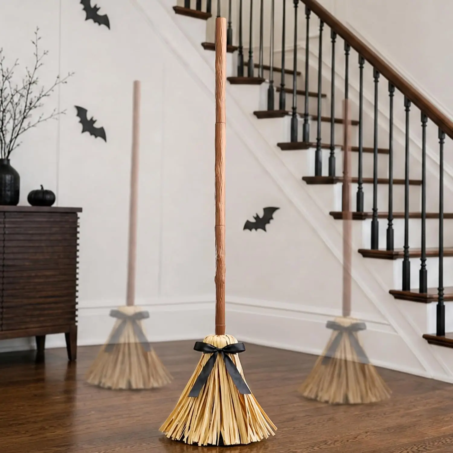 49" Animated Floating Witch Broom Halloween Decoration - Indoor & Outdoor Festive Decor, Touch & Sound Activated, Auto-Avoidance, Spooky & Silent Modes, Durable, Easy Setup, Stable Base for Holiday Displays