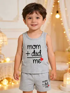Baby Toddler Casual Set (2 Pieces) Outfit, Baby Boy Clothes, Baby Clothing, Pattern Short Sleeve & Sleeveless T-Shirt, Elastic Waist Shorts, Letter Print Short Sleeve T-Shirt