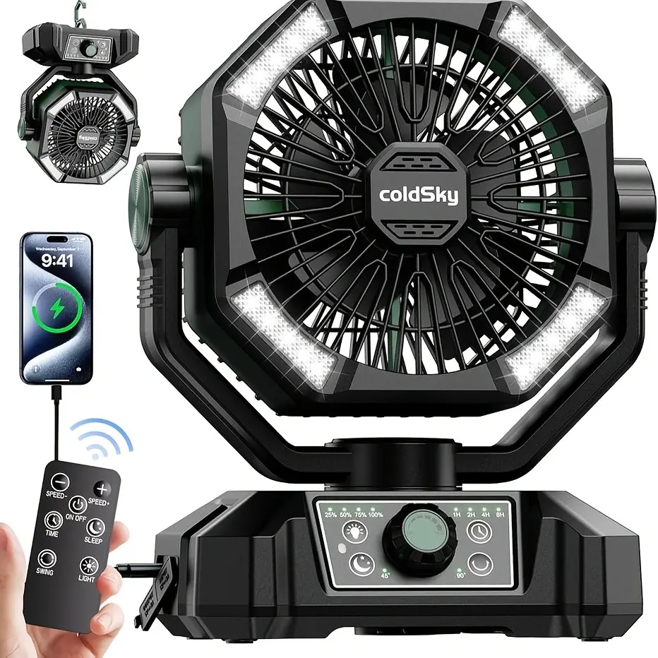 20000mAh Camping Fan With Dual Motor, Battery Operated Fan With 4 LED Lantern, 8 Speeds Desk Fan With Remote, Portable Outdoor Fan With Hook For Tent, Power Outages, Jobsite