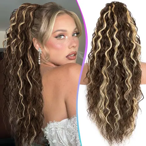 Women's 30" Water Wave Drawstring Ponytail Hair Extensions - Clip On, Strong Hold, Curly Wave, Fluffy, Heat-Resistant Wavy Synthetic Hairpiece, Daily Use, Colorful Tinsel Kit, Natural Look, Pony Clip Synthetic Extensions & Pieces