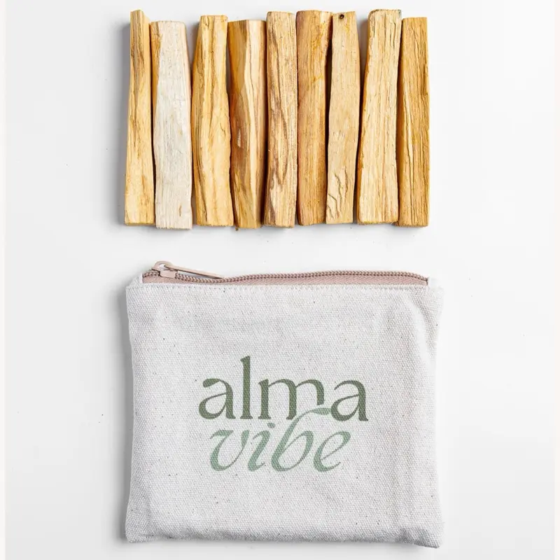 AlmaVibe Authentic Peruvian Palo Santo Sticks 8 pcs - 100% Natural & Sustainable Sacred Wood for Energy Cleansing Meditation & Aromatherapy in Eco-Friendly Cotton Bag