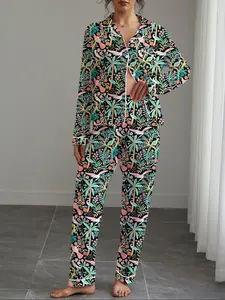 Women's Floral Bird Print Pajama Set, Sleepwear Loungewear, Casual Fitted Long Sleeve Shirt & Elastic Pants, Soft Stretchy Fabric, Fall Winter Home Wear