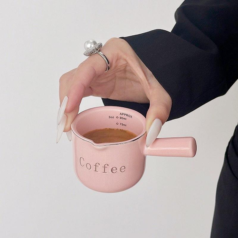 Pink Espresso Cups Ceramic with Handle, Measuring Cup with Dual Scale, Espresso Shot Glass with V-Shaped Mouth, 3 OZ Espresso Accessories