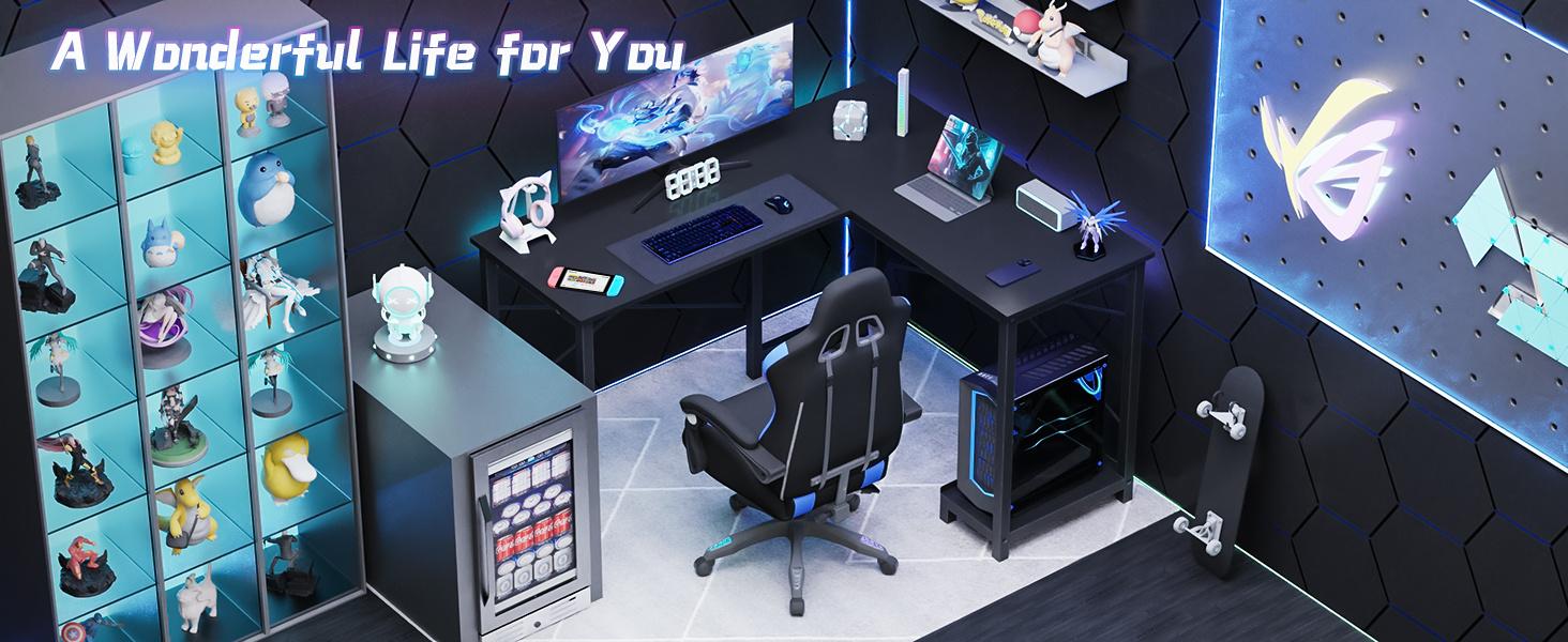 Office Shared Space 50Inch L Shaped Computer Desk - Gaming Table Corner Desk PC Writing Desk Study Desks with Wooden Desktop CPU Stand Side Bag Reversible for Home Office Dorm Small Space