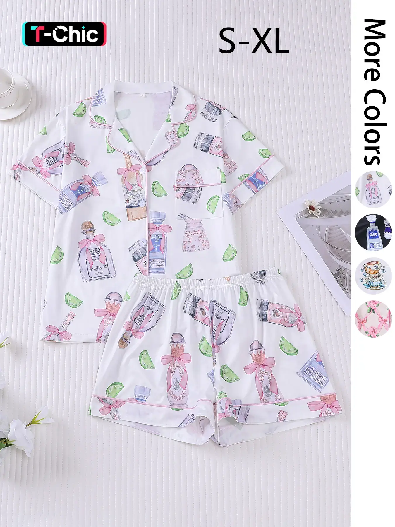 Women's All Over Print Lapel Shirt & Shorts Pajama Two-piece Set, Casual Comfy Cute Short Sleeve Top & Elastic Waist Shorts Set, Ladies Summer Sleepwear, Loungewear, Pjs, Casual Pajama Sets, Pajamas Sets, Pyjamas, Womenswear