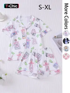 Women's All Over Print Lapel Shirt & Shorts Pajama Two-piece Set, Casual Comfy Cute Short Sleeve Top & Elastic Waist Shorts Set, Ladies Summer Sleepwear, Loungewear, Pjs, Casual Pajama Sets, Womenswear