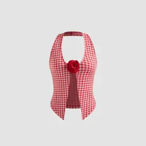 Cider [size 2-10] Halter Neckline Gingham Rosette Tank Top