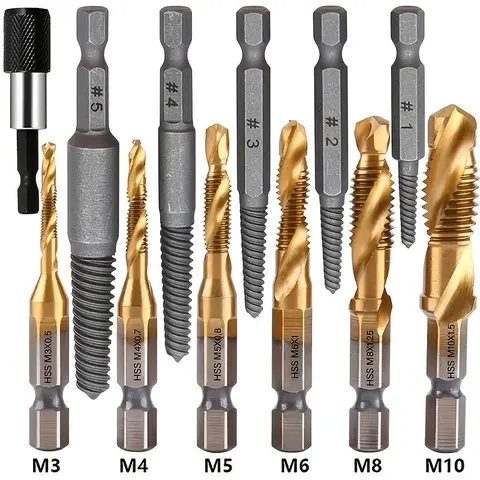 Titanium-Coated Drill & Tap Set, 12 Pieces per Set M3-M10 Metric Size Drill Bit Set with 1/4-Inch Hexagonal Shank, High-Speed Steel, Drill Bits Kit