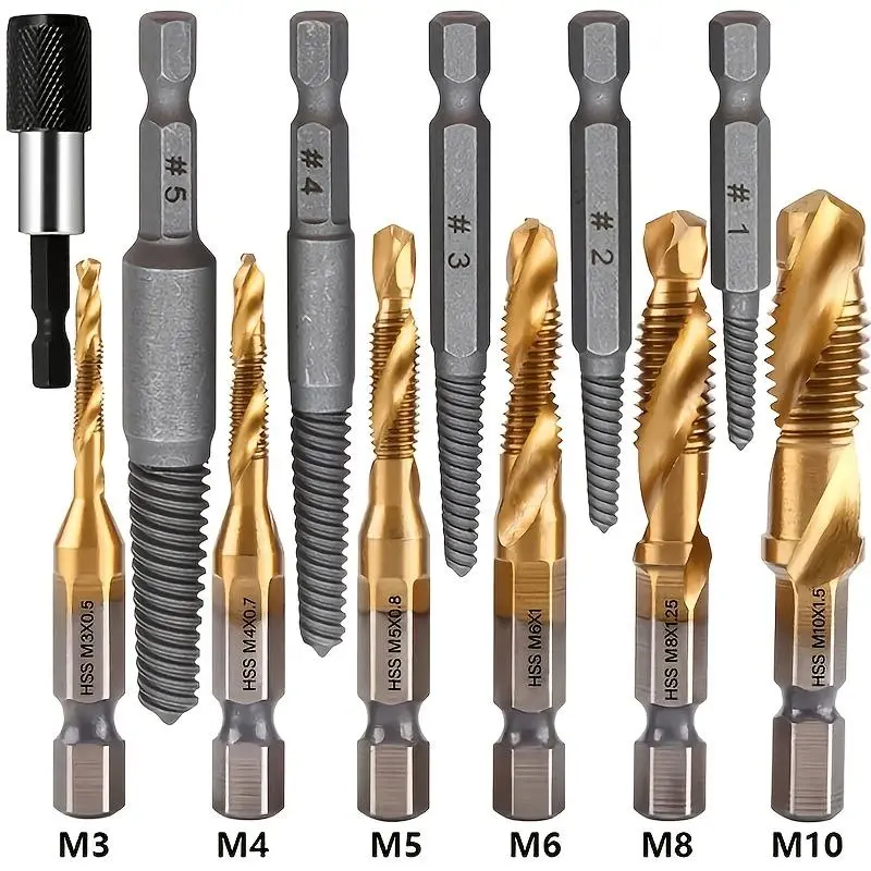 Titanium-coated Drill & Tap Set, 12pcs/set M3-M10 Metric Size Drill Bit Set with 1/4-inch Hexagonal Shank, High-speed Steel Drill Bit Set, Drill Bits Set, Drill Bit Kit