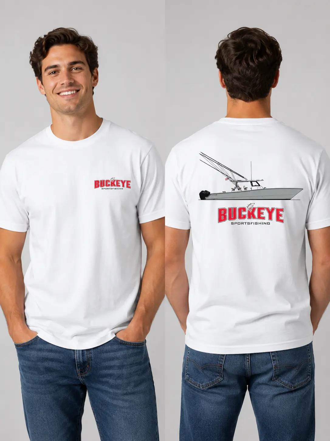 Freeman Buckeye Sportfishing Boat Shirt for Men – White Graphic Tee with Boat Illustration