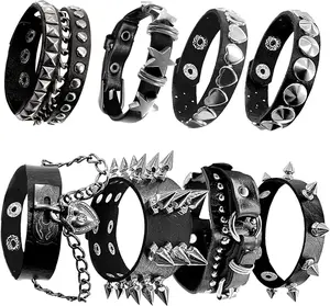 8PCS Spiked Bracelets Bracelets Bracelet Unisex，80s cool rock style, a must-have for parties, music festivals, and motorcycle enthusiasts