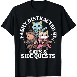 Easily Distracted by Cats and Side Quests T-Shirt Funny RPG Gamer Graphic Tee DND Lovers Gift Retro Fantasy Adventure Cat Apparel Unisex Soft Cotton Gaming Shirt Harajuku Streetwear Top Black