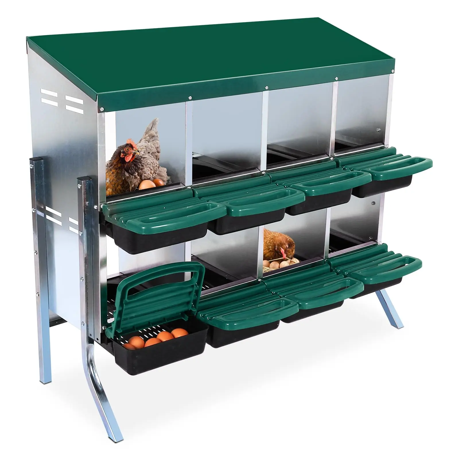 8-Compartment Chicken Nesting Box with Metal Legs - Roll Away Egg Laying Box with Lid Cover, Protects Eggs, Easy Access Design, Green
