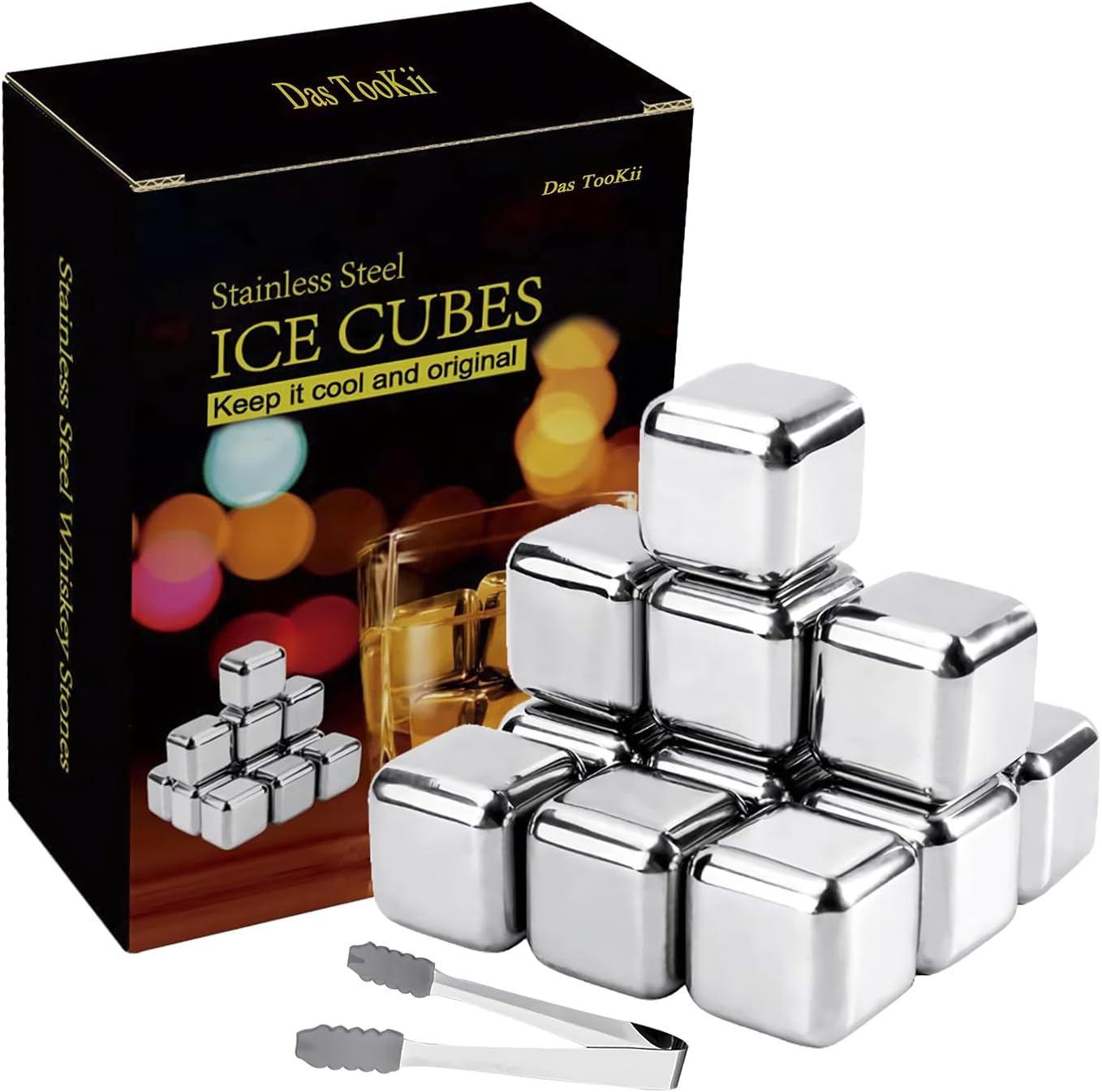 12 Pack Reusable Whiskey Stones 304 Stainless Steel Ice Cubes for Drinks Chill Without Diluting Whiskey Scotch Bourbon Gifts Drinkware 2.7 cm