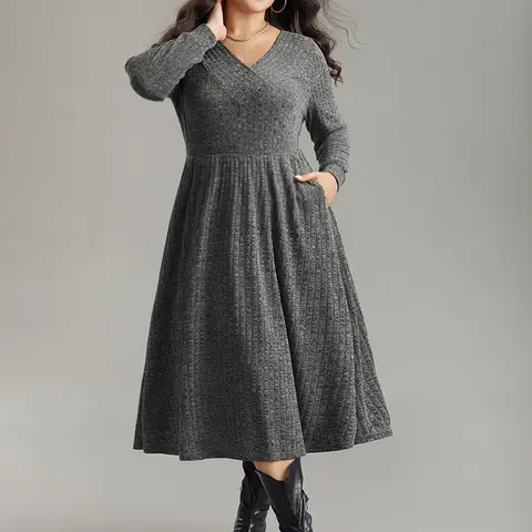 BloomChic Rib Knit Plain Plisse Long Sleeve Dress 【M-6XL】