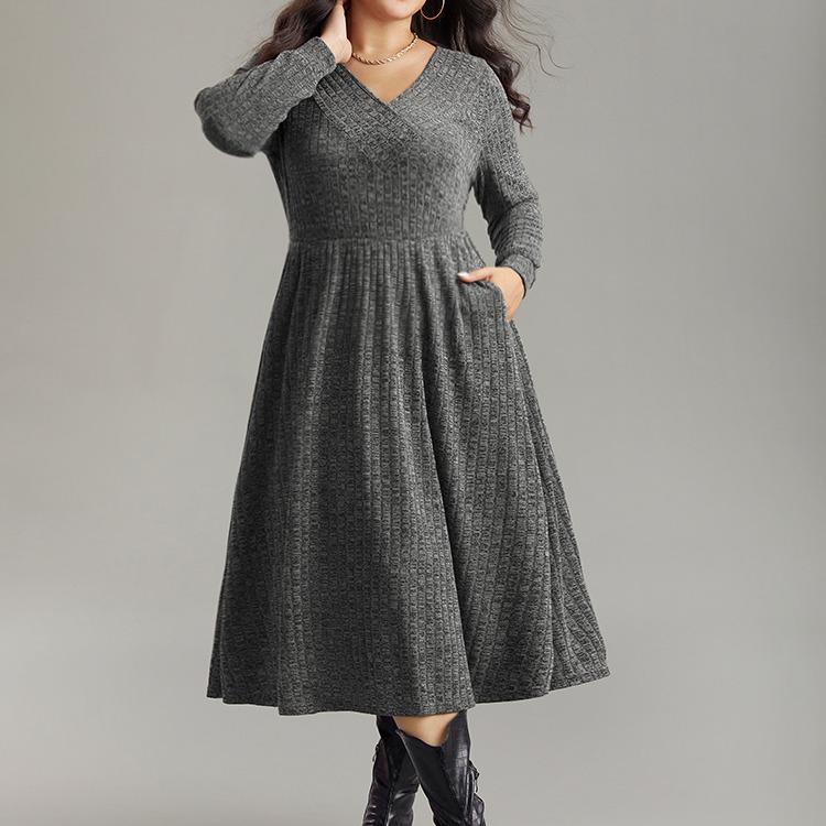 BloomChic Rib Knit Plain Plisse Long Sleeve Dress 【M-6XL】