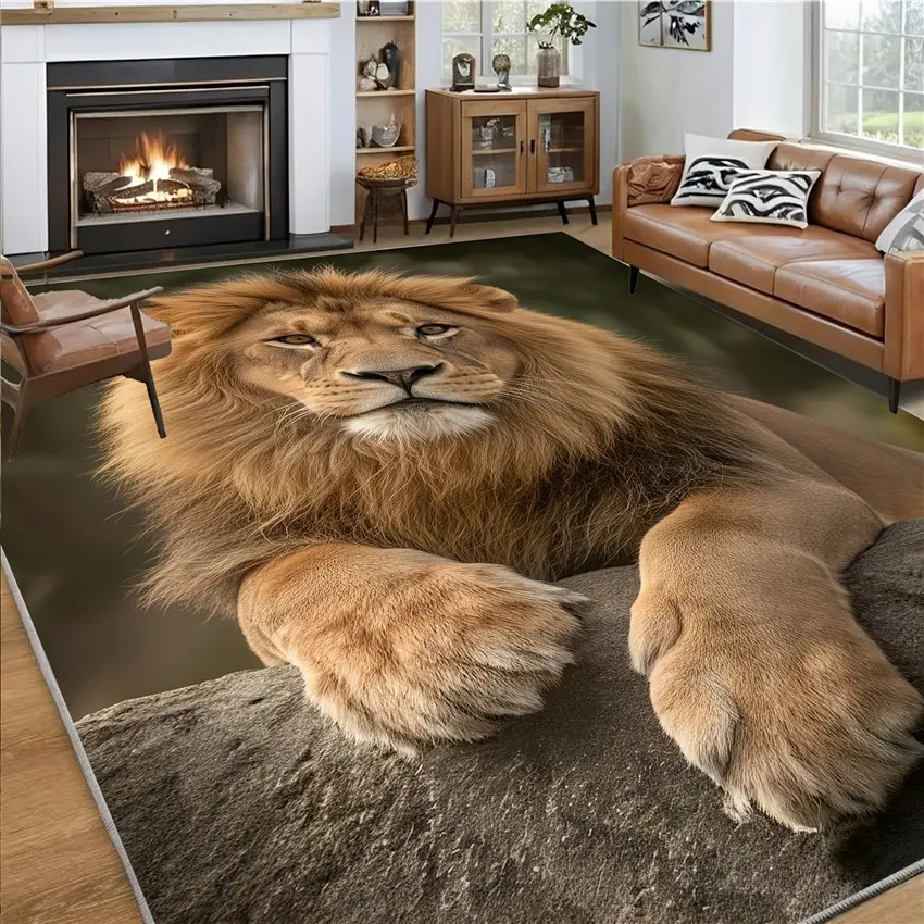 1 luxurious lion print rug with a non-slip backing, machine washable, featuring a plush short pile velour texture and vibrant gold pattern—perfect for high-traffic areas and bedroom decor, and an ideal choice for a Christmas gift.
