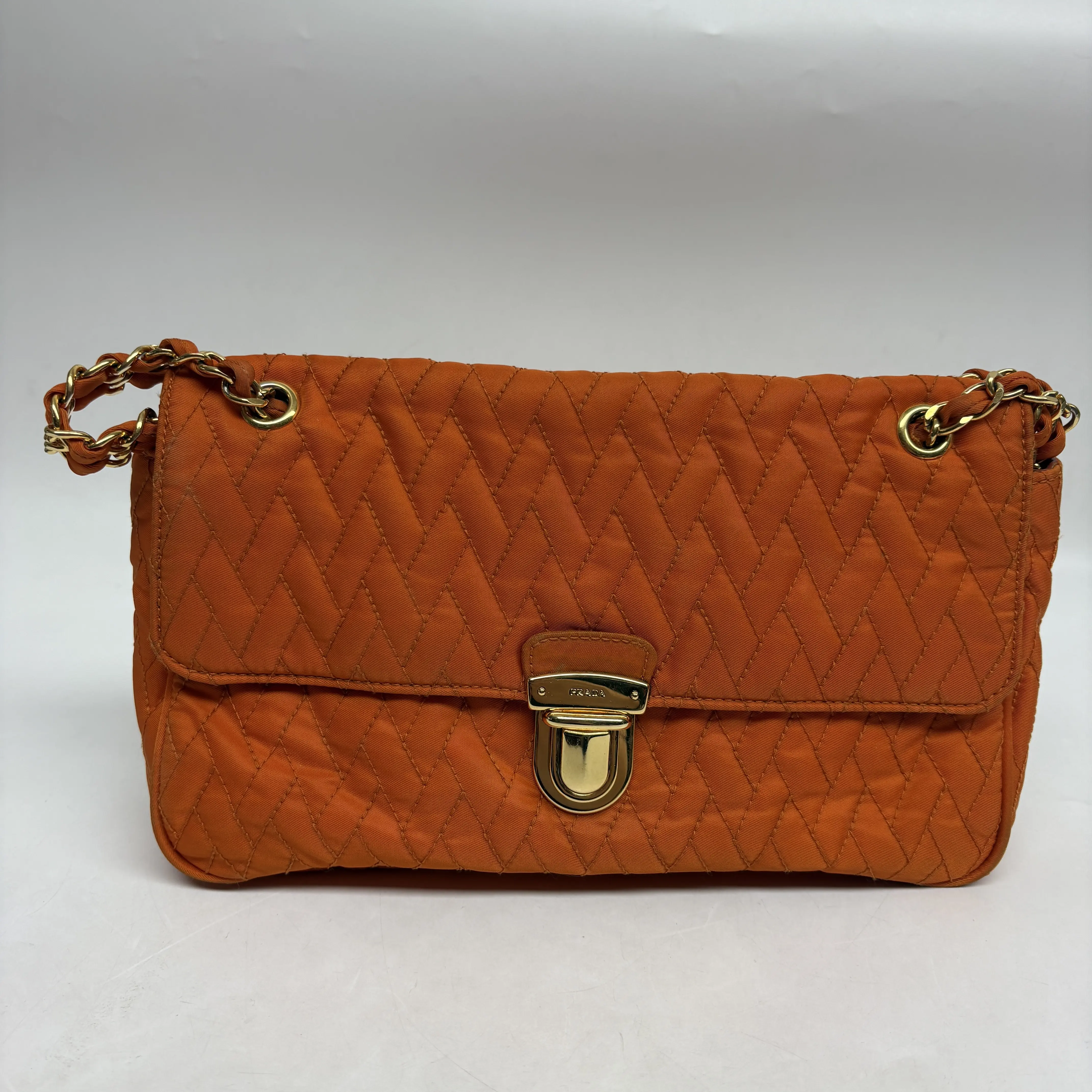 Pre-owned Nylon Crossbody Bags Prada Orange Quilted Pushlock Flap Chain Shoulder Bag