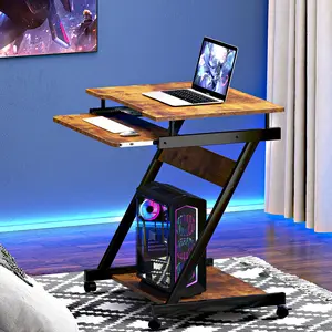 Retro Computer Desk, Small Mobile Workstation with Keyboard Tray, Printer Shelf & Storage,  Wood, for Home and Office