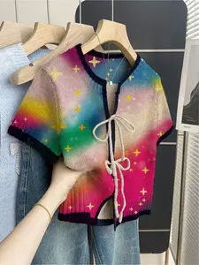 Women's khaki bohemian vacation short-sleeve knit top. Loose round neck, contrast star print, front tie and contrast piping, Fitted. Comfortable for spring & summer casual wear.