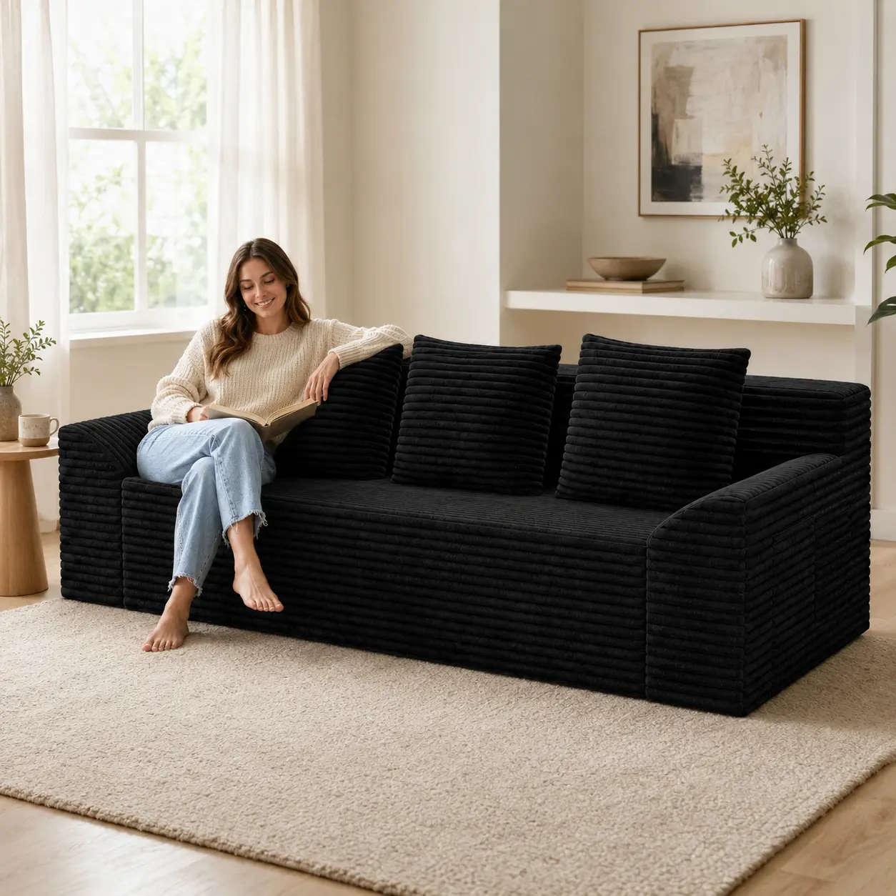 71" Rectangular Ribbed Corduroy Modular Sofa Sectional - 3-Seater Pre-Assembled Deep Seat Sofa with Fixed Arms, Pillows for Small Spaces Living Room Apartment, Washable Comfy Couch