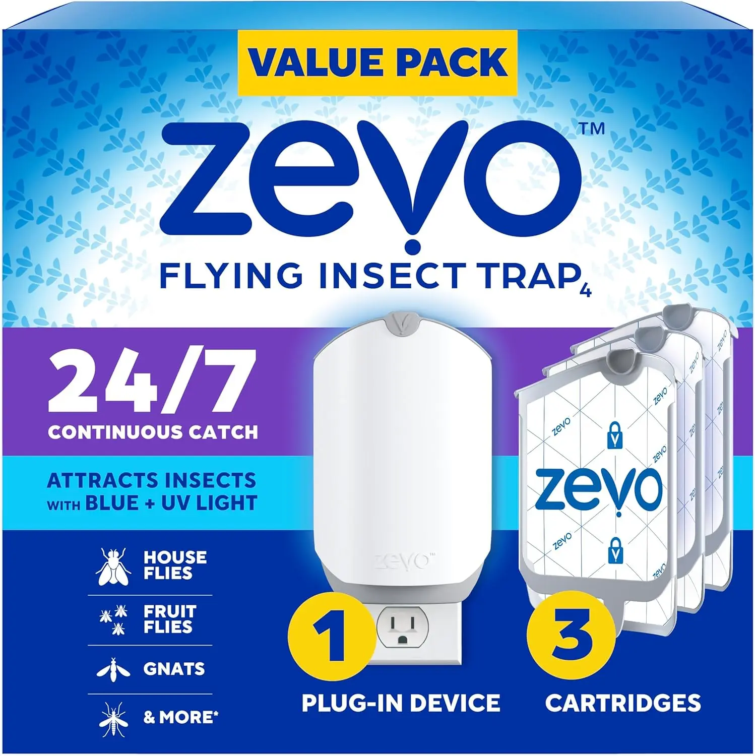 Zevo Flying Insect Trap & 3 Refill Cartridges - Plug in Fly Trap & Indoor Bug Catcher for Gnats, House & Fruit Flies - Blue & UV Light Technology, Mess-Free Alternative to Bug Zapper ZEVO