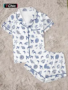 Women's Nautical Seashell & Starfish Print Pajama Set, Short Sleeve Button Down 2-Piece Loungewear, Cute Blue Ocean Themed Sleepwear with Bow Details，Cute Ocean Vibe Sleepwear for Summer， Sleepwear for Lazy Days
