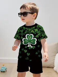 St Patrick's Day Gold Border Four-Leaf Clover Print Boys' Cool Holiday Two-Piece Set, Casual Loose-Fitting Short Sleeve Shorts Suit