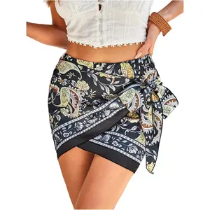 Women's Paisley Floral Print Wrap Skirt Knot Side High Waisted Mini Skirts