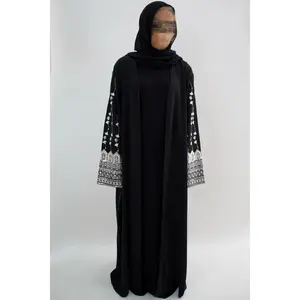 Onyx Abaya Long Sleeve Embroidery Open Front - Elegant Black Abaya with Intricate Sequin and Embroidery Detailing