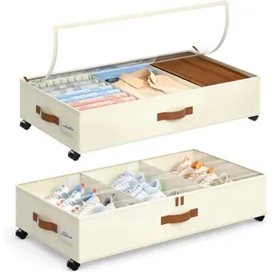 Under Bed Storage with Wheels, 2Pack Under Bed Storage Containers, Under Bed Shoe Storage with Dividers & Clear Window, Underbed Storage Bins, Rolling Under Bed Drawers for Clothes, Shoes, Toys