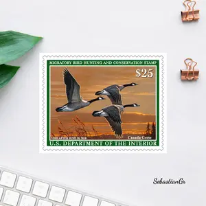 Vintage Canada Geese Stamp Design, Migratory Bird Hunting Art, Classic Wildlife Conservation Sticker